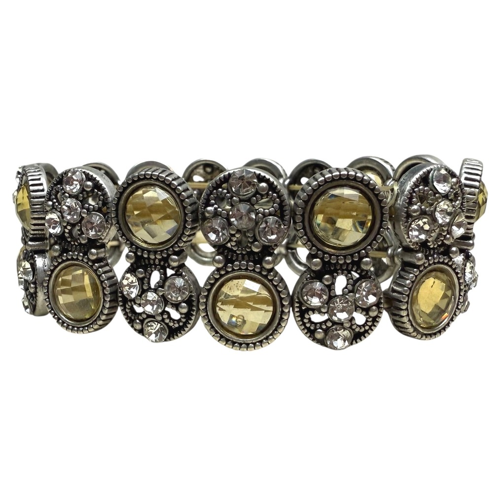 Silver Tone Yellow Rhinestone Stretch Bracelet Womens Fashion Jewelry Sz 7.5